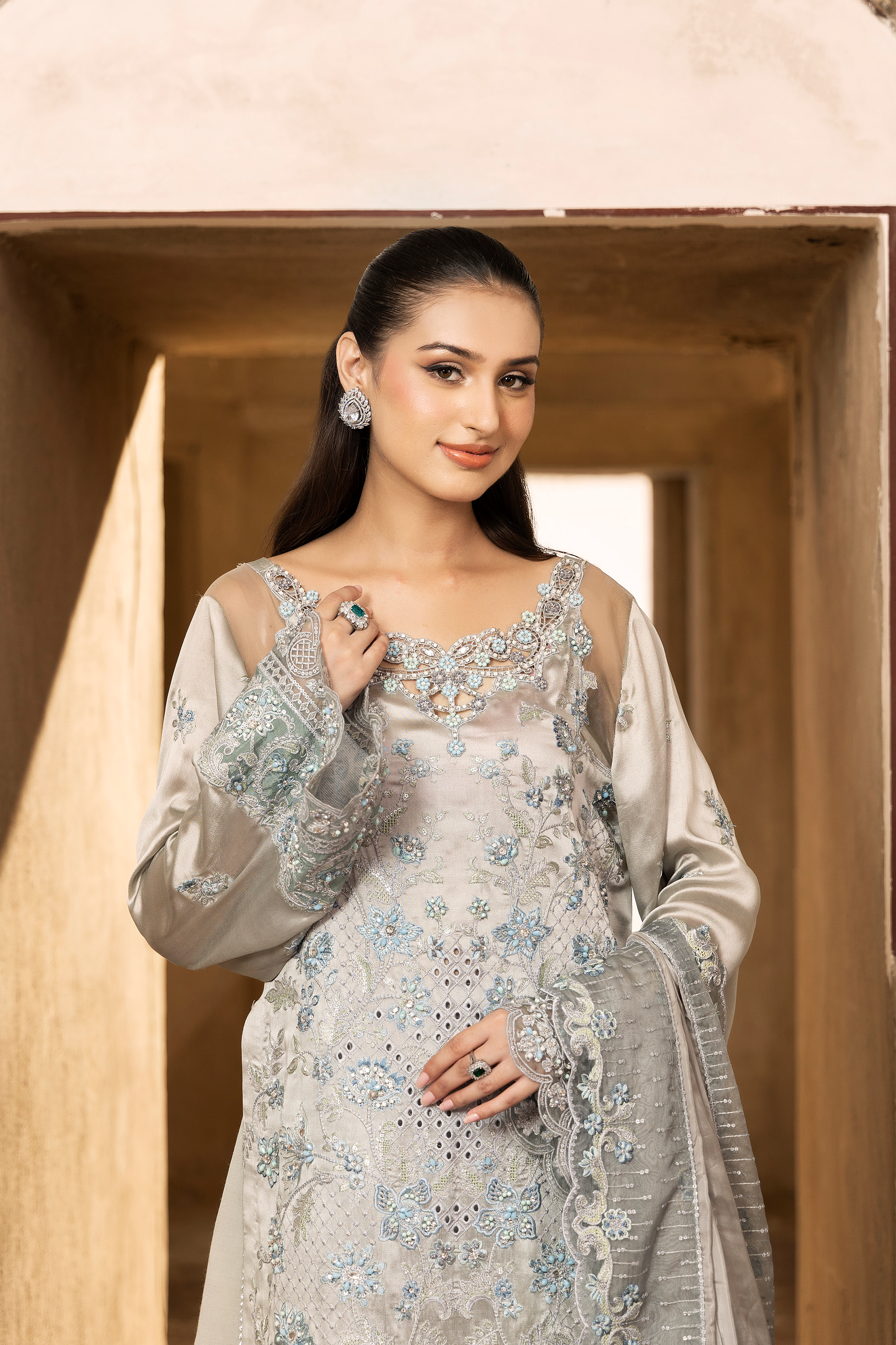 Silver Embroidered Luxury Festive Suit-Anaya Festive ’26